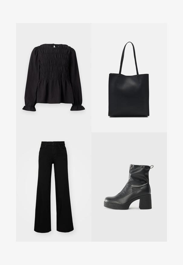 Blusa preta de manga longa com textura franzida, decote redondo e punhos largos. Apresenta uma abertura em forma de olho-chave nas costas e um design de cintura franzida.; Calças largas pretas em denim, com uma cintura estruturada, passantes para cinto e bolsos frontais. Textura suave com um design clássico.; Botas de tornozelo pretas feitas de couro liso, com fecho lateral, salto grosso texturizado e design de bico arredondado.; Bolsa tote preta em couro com textura lisa, forma retangular e duas alças longas. Sem hardware ou enfeites visíveis.