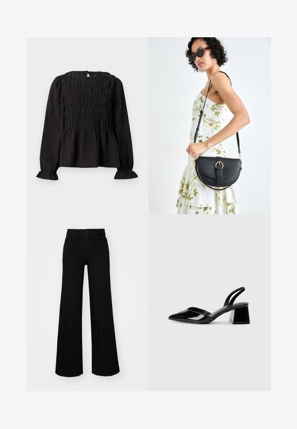 Juoda ilgomis rankovėmis bluzonė su surinkta tekstūra, apvaliu iškirpimu ir platėjančiomis rankovėmis. Yra raktų skylutės nugaros atidarymas ir surinkta liemens dizainas.; Juodos plačios kelnės iš denimo, turinčios struktūruotą juosmenį, diržo kilpas ir priekines kišenes. Lygus paviršius su klasikinio dizaino elementais.; Juodos lakuotos odinės šlepetės su smailiu pirštu ir geometriniu bloko kulnu. Turi elegantišką, minimalistinį dizainą ir lygų paviršių.; Juodas odinis krepšys su išlenkta forma, nuimamu dirželiu ir auksiniais detalėmis. Krepšys turi kilpą su sagtimi.