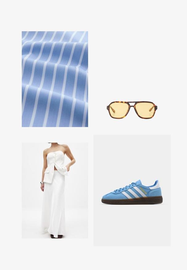 Light blue fabric with white vertical stripes, smooth texture, and slightly lustrous finish, folded to show depth and pattern detail.; White two-piece outfit featuring a strapless top with buttons and pockets, paired with a long, flowing skirt. Smooth fabric and clean lines.; Light blue suede sneakers with white leather stripes, a brown textured sole, and gold logo detail. Low-top design with rounded toe.; Tortoiseshell sunglasses with a geometric design, yellow lenses, and metal accents on the temples. Wide frame and matte texture.