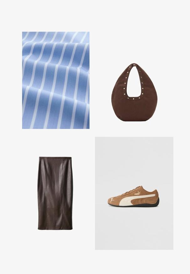 Svjetloplava tkanina s bijelim vertikalnim prugama, glatke teksture i blago sjajne završnice, presavijena kako bi se prikazala dubina i detalj uzorka.; Rjav usnjeni svinčnik mini krilo z gladko teksturo, do kolen, z navpičnimi šivi za oblikovanje. Brez dodatnih kovinskih delov ali okrasov.; Rjave zamšaste nizke teniske s kremastimi poudarki, teksturirano površino, črnim gumijastim podplatom in izvezenim logotipom na strani in jeziku.; Rjava torba z ukrivljeno obliko, opremljena z velikim izrezanim ročajem, okrašenim s srebrnimi zakovkami ob robu. Narejena iz mehkega blaga.