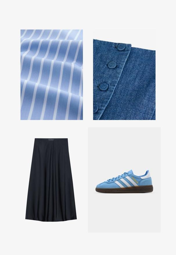 Lichtblauwe stof met witte verticale strepen, zachte textuur en een iets glanzende afwerking, gevouwen om diepte en patroon details te tonen.; Denimstof in donkerblauw met een getextureerde afwerking. Heeft ronde, met stof bedekte knopen langs de rand en een diagonale naaddetail.; Zwarte, knielange rok van lichtgewicht stof met een vloeiende uitstraling. Kenmerkt zich door een gladde textuur en subtiele plooien voor extra detail.; Lichtblauwe suède sneakers met witte leren strepen, een bruine textuurzool en gouden logo-detail. Laag ontwerp met een ronde neus.