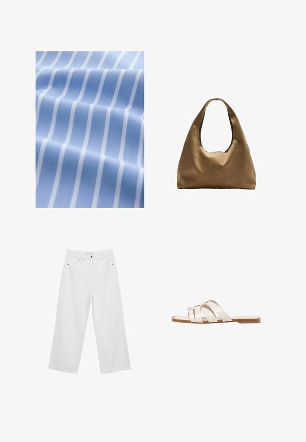 Hellblauer Stoff mit weißen vertikalen Streifen, glatte Textur und leicht glänzende Oberfläche, gefaltet, um Tiefe und Musterdetails zu zeigen.; Weiße Jeans im weit geschnittenen Design aus Denim mit hoher Taille, ausgestattet mit fünf Taschen und Metallbeschlägen. Glatte Textur, keine sichtbaren Muster.; Flache Sandalen mit einer honigfarbenen Gummisohle, gestaltet mit drei überlappenden weißen Lederriemen und einem kleinen Schleifendetail in der Mitte.; Braune Stoffschultertasche mit einem breiten, runden Körper und einem großen Ausschnittgriff. Sanfte Textur, minimalistisches Design und keine sichtbaren Beschläge.