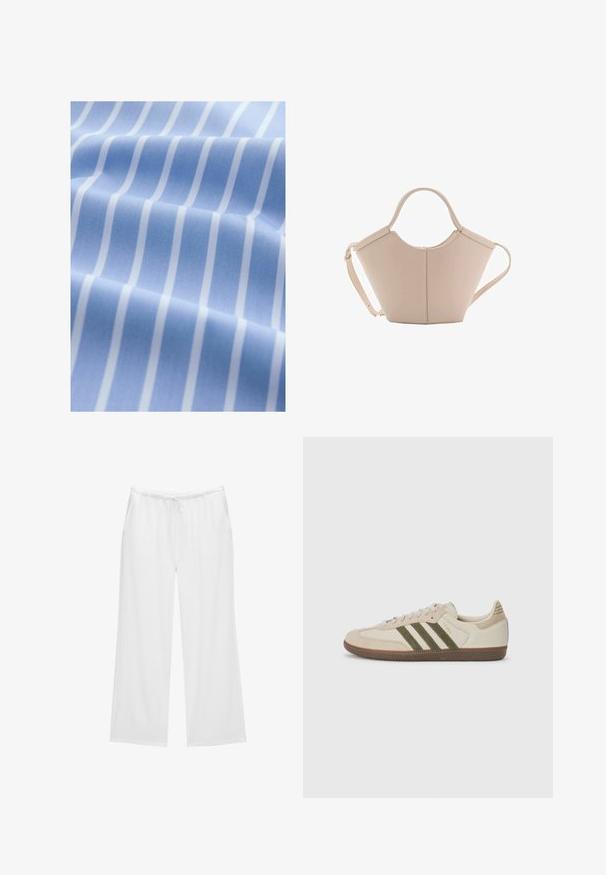Svetlomodrá tkanina s bielymi vertikálnymi pruhmi, hladká textúra a mierne lesklý povrch, poskladaná tak, aby ukázala hĺbku a detail vzoru.; Biele nohavice s širokými nohavicami vyrobené z mäkkého materiálu, s elastickým pásom na šnúrku a dvomi bočnými vreckami. Jednoduchý a čistý dizajn.; adidas Originals SAMBA OG UNISEX - Tenisky - alumina/medium dark khaki/gum; Béžová kožená kabelka s unikátnym tvarom, vybavená dvoma krátkymi uchami a jedným dlhým nastaviteľným popruhom. Hladký povrch s minimálnym kovovým príslušenstvom.