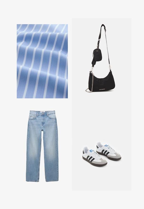 Svjetloplava tkanina s bijelim vertikalnim prugama, glatke teksture i blago sjajne završnice, presavijena kako bi se prikazala dubina i detalj uzorka.; Svjetloplave traperice s ravnim nogavicama, stilom s pet džepova i vidljivim detaljima šivanja. Tkanina ima mekanu, malo izbljedjenu teksturu.; Športni čevlji z belim usnjenim zgornjim delom, sivim semišem na prstih in tremi črnimi črtami. Imajo modro logo na jeziku in teksturiran gumijast podplat.; Črna najlonska torba za rame s ukrivljenim oblikom, s srebrnim verižnim dodatkom, odstranljivim mini žepkom in nastavljivim trakom; vsebuje logotip "Steve Madden".