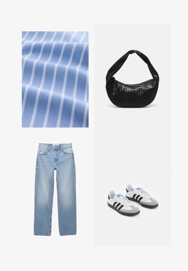 Vaaleansininen kangas valkoisilla pystysuorilla raidoilla, sileä pinta ja hieman kiiltävä viimeistely, taitettuna näyttämään syvyyttä ja kuvion yksityiskohtia.; Vaaleansiniset farkut, joissa on suora lahjemuoto, viisi taskua ja näkyvät ompeluyksityiskohdat. Kangas on pehmeää ja hieman haalistunutta.; Urheilukengät, joissa on valkoinen nahkainen päällinen, harmaa mokkanokka ja kolme mustaa raitaa. Ominaisuuksina sininen logo kielekkeessä ja kuvioitu kumipohja.; Mustan kudottu nahkalaukku, jossa on kaareva muotoilu, paksu kahva ja vetoketjusulku. Teksturoitu pinta, jossa on kiiltävä vi viimeistely.