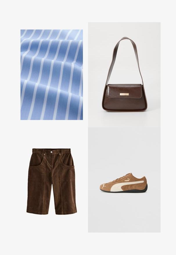 Svijetloplava tkanina s bijelim vertikalnim prugama, glatke teksture i blago sjajnog završnog sloja, presavijena kako bi se pokazala dubina i detalj uzorka.; Smeđe somotske kratke hlače s teksturiranim vertikalnim prugastim uzorkom, dva prednja džepa i dugmadi na struku.; Smeđi zamjubljeni niskopodni tenisice s kremastim akcentima, teksturiranom površinom, crnim gumeni potplat, i izvezenim logom na strani i jeziku.; Smeđa kožna torba za rame sa strukturiranim oblikom, koja ima magnetsko zatvaranje na preklopu i metalni logo akcent na prednjoj strani.; Prsten z pozlaceného materijala s fasetiranim oktagonalnim ljubičastim kamenom postavljenim u glatkoj traci. Ugravirani znak branda vidljiv iznutra trake.