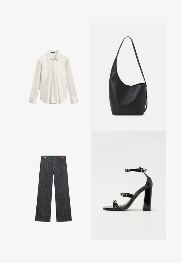 White long-sleeve shirt made of smooth fabric, featuring a classic collar, button front, and curved hem. Simple design with no patterns.; Dark wash denim wide-leg trousers with a high waist. Features visible stitching, a button closure, and a unique chain accent at the waist.; Black patent heeled sandals with a square toe, ankle straps, and silver buckles. Features a chunky block heel for stability.; Black leather hobo bag with a smooth texture, curved shape, and single adjustable strap; features a wide opening at the top.