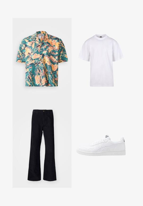 Korte mouwen shirt in een levendig tropisch patroon met groen, oranje en geel. Classic kraag met knoopsluiting en een ontspannen pasvorm.; Witte katoenen t-shirt met een ronde hals, korte mouwen en een relaxte pasvorm. Heeft een eenvoudig ontwerp zonder patronen of accenten.; Zwarte, katoenen flared broeken met een traditionele tailleband, enkele knoop aan de voorkant en zakken aan de zijkanten en achterkant. Glad textuur.; Witte leren sneakers met een gladde afwerking, geperforeerde accenten en een textuur middenzool. Bevat een logo op de tong en zijstrepen.