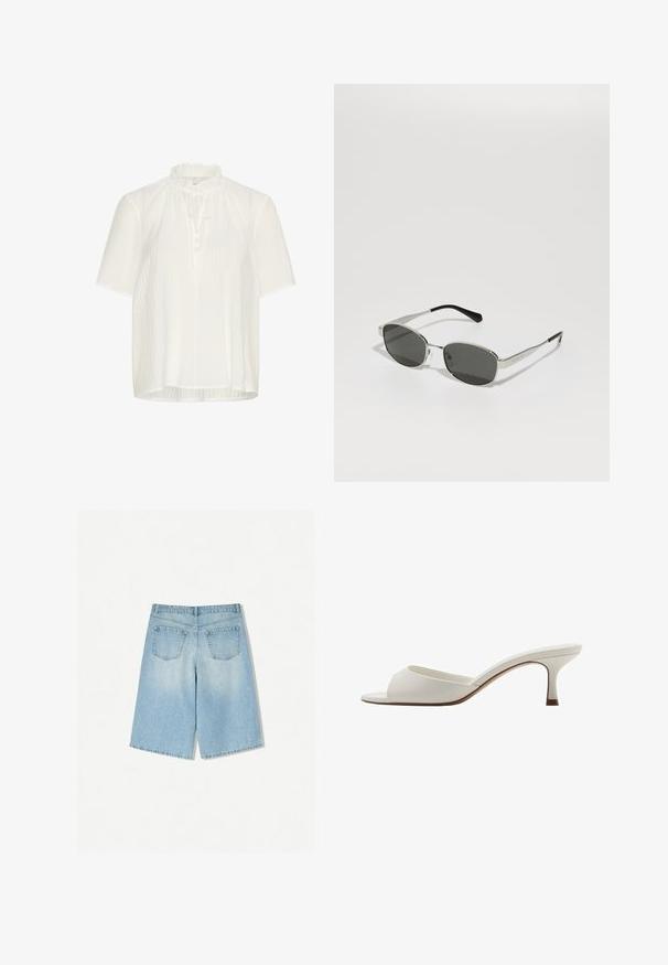 Blusa bianca a maniche corte realizzata in tessuto texturizzato, con scollatura arricciata e chiusura con lacci e bottoni sul davanti.; Shorts in denim blu chiaro con una vestibilità rilassata, dotati di due tasche posteriori e design a gamba dritta. Orlo pulito e texture morbida.; Mule con tacco alto, aperti davanti e di colore bianco, con una finitura liscia, design minimalista e tacco slanciato, caratterizzati da un sottile accento marrone sulla suola.; Occhiali da sole con lenti grigie, sottile montatura in metallo argento, dettagli trasparenti e punte nere sulle aste. Presentano una forma ovale.; PULL&BEAR SHOPPER - Shopping bag - grey