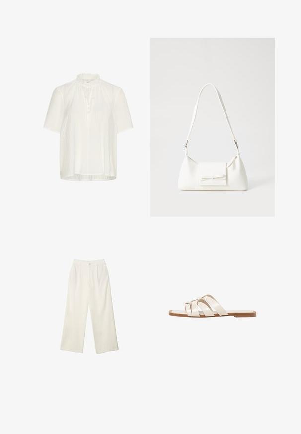 Witte blouse met korte mouwen, gemaakt van een textuurstof, met een gerimpelde halslijn en een striksluiting met knopen aan de voorkant.; Brede broekspijpen in crème stof met een gladde textuur, voorzien van een enkele frontknop, subtiele plooien en een hoge taille.; Vlakke sandalen met een tan rubberen zool, ontworpen met drie overlappende witte leren banden en een kleine strikdetail in het midden.; Witte synthetische handtas met een driehoekige vorm, platte voorklep en strikdetail, verstelbare schouderriem, gladde textuur en minimalistisch ontwerp.