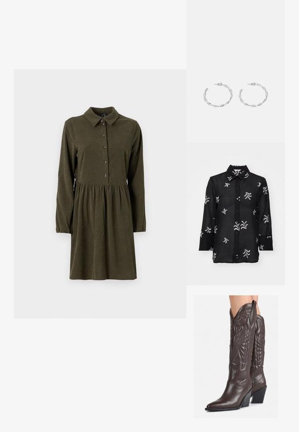 Camisa negra de botonadura en el frente, hecha de una tela liviana, con patrones florales bordados en blanco y un collar clásico. Mangas largas con detalles en los puños.; Vestido de pana verde oliva con mangas largas, cierre de botones en la parte delantera, cuello puntiagudo y falda acampanada. Presenta una sutil textura de estrías verticales.; Botas de vaquero de cuero marrón con punta afilada y tacón cuadrado, que presentan costuras detalladas y acentos elevados en el caño.; Pequeño bolso de mano crema con un acabado texturizado, una correa larga y ajustable, un acento de cadena y cierre de solapa. Detalles en hardware dorado.; Pendientes de aro de plata con diseño retorcido, que presentan un acabado pulido y cierre de presión. Miden aproximadamente 3 cm de diámetro.