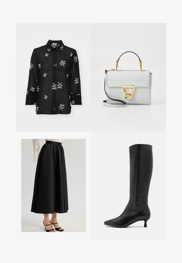 Crna košulja dugih rukava od lagane tkanine, s bijelim izvezenim cvjetnim uzorcima i klasičnom krAGNOM. Dugački rukavi s detaljima manžete.; Crna maksi suknja od glatkog materijala, sa naboranim pojasom i lepršavim dizajnom, uparena sa crnim sandalama na visoku petu.; Zign Čizme - black; Svijetlosiva strukturirana torba napravljena od kožne kože s teksturom. Ima zlatni zaključak, odvojivu naramenicu i kratku ručku na vrhu.