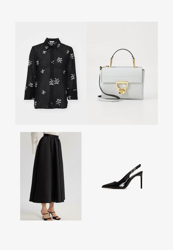 Black button-up shirt made of lightweight fabric, featuring white embroidered floral patterns and a classic collar. Long sleeves with cuff detailing.; Black maxi skirt made of smooth fabric, featuring a gathered waistband and flowing design, paired with black strappy heels.; Black patent leather slingback heel with a pointed toe and a stiletto heel. Features a cutout design and adjustable strap with metallic hardware.; Light gray structured handbag made of pebbled leather. Features a gold-tone clasp, removable shoulder strap, and short top handle.; Square metal watch with a silver and gold-tone link bracelet. White dial displaying gold markers and hands. Branding at the 12 o'clock position.