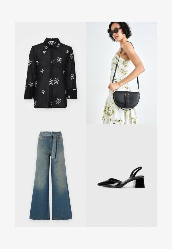 Black button-up shirt made of lightweight fabric, featuring white embroidered floral patterns and a classic collar. Long sleeves with cuff detailing.; Wide-leg denim trousers featuring a light to dark blue gradient, high waist, belt loops, and a matching fabric belt. Textured denim finish.; Black patent leather slingback heels with a pointed toe and a geometric block heel. Features a sleek, minimal design and smooth texture.; Black leather handbag with a curved shape, detachable strap, and gold hardware. The bag features a flap with a buckle detail.