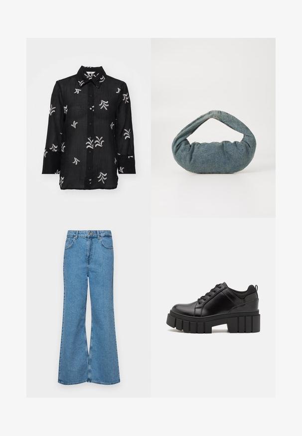 Cămașă neagră cu nasturi, confecționată dintr-un material ușor, având modele florale brodate în alb și un guler clasic. Mâneci lungi cu detalii la manșete.; Jeanși evazați de culoare albastru deschis, din denim, cu talie înaltă, cinci buzunare și închidere cu un singur buton. Textură moale cu un finisaj decolorat.; Pantofi cu talpă plată din piele neagră, cu toc gros, vârf rotund și design tradițional cu șireturi. Prezintă o textură netedă și detalii minime.; Geantă din denim albastru cu o formă rotundă și umplutură, având un mâner curbat. Textura este moale, cu cusături vizibile și un finisaj neted.
