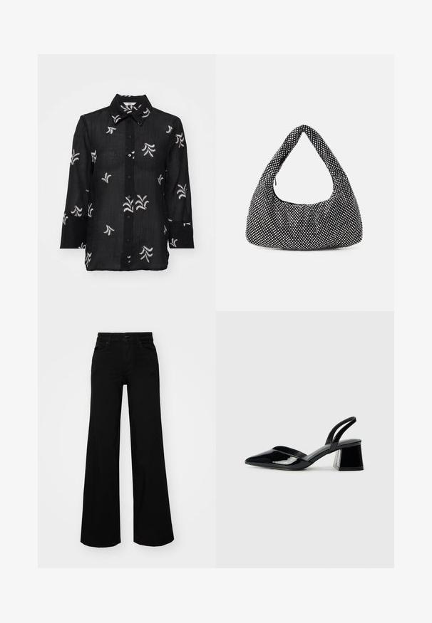 Zwart overhemddonker gemaakt van lichtgewicht stof, met witte geborduurde bloemdetails en een klassieke kraag. Lange mouwen met manchetafwerking.; Zwarte wijdvallende broek van denim, met een gestructureerde tailleband, riemlussen en voorzakken. Glad van textuur met een klassiek ontwerp.; Zwarte gepatineerde leren slingback hakken met een spitse neus en een geometrische blokhak. Kenmerkt zich door een slank, minimalistisch ontwerp en een gladde textuur.; Zwarte tas met een gebogen, hobo-vorm, van textuurstof met zilveren studs. Enkele bovenhandgreep, ritssluiting en zachte silhouet.
