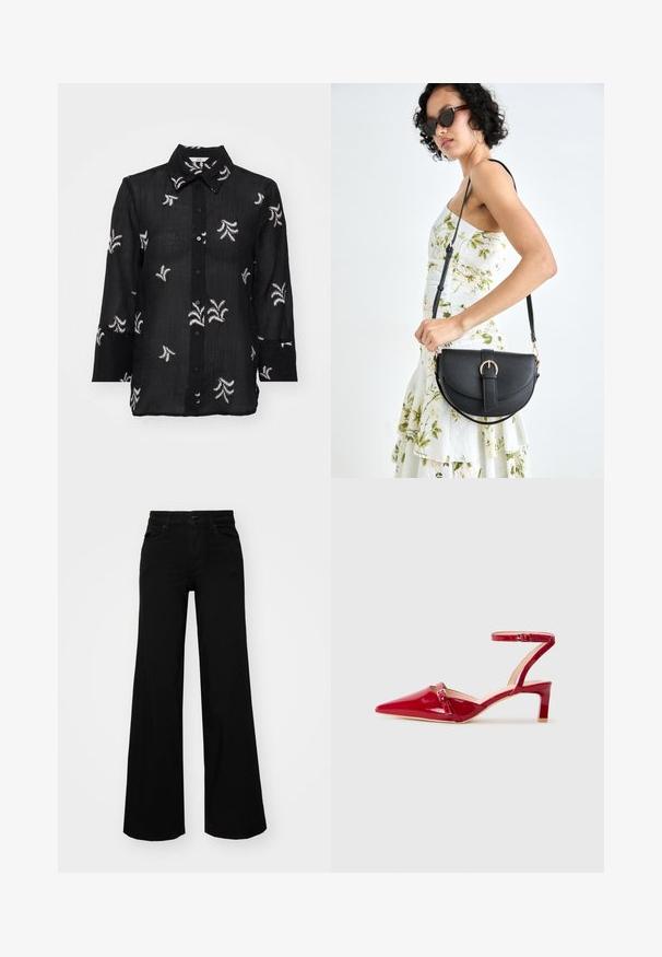 Camisa preta de botão feita de tecido leve, com padrões florais brancos bordados e colarinho clássico. Mangas longas com detalhes nos punhos.; Calças largas pretas em denim, com uma cintura estruturada, passantes para cinto e bolsos frontais. Textura suave com um design clássico.; Salto de verniz vermelho com bico fino, tira no tornozelo e um salto baixo em bloco. Apresenta um detalhe de fivela decorativa.; Bolsa de couro preta com forma curva, alça destacável e detalhes em dourado. A bolsa possui uma aba com detalhe de fivela.