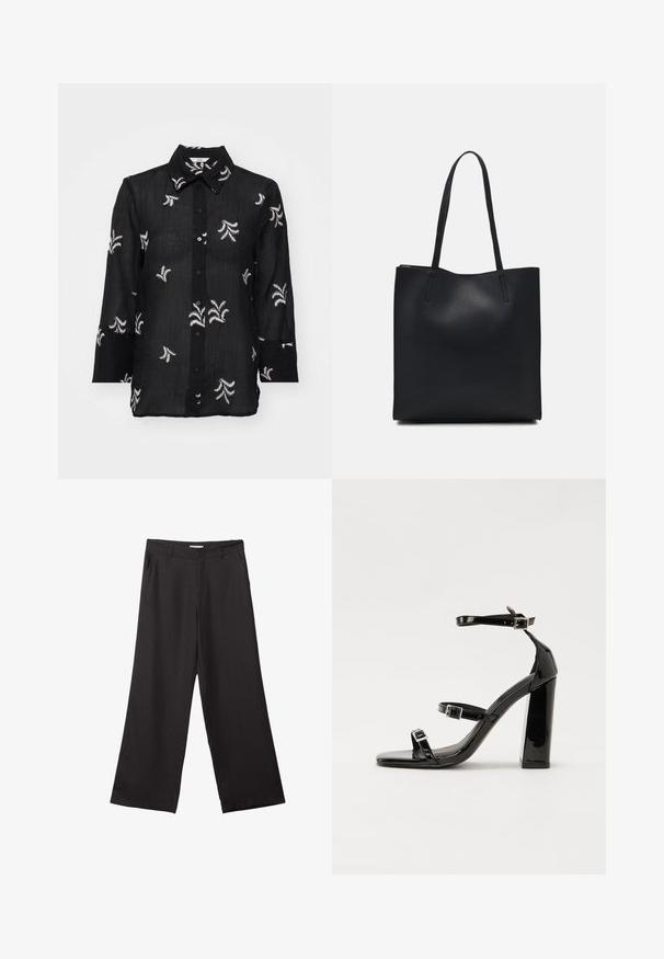 Schwarzes Hemd mit Knöpfen aus leichtem Stoff, das weiße gestickte Blumenmuster und einen klassischen Kragen aufweist. Lange Ärmel mit Manschettendetails.; Schwarze weite Hosen aus glattem Stoff, mit einem Reißverschluss vorne und zwei seitlichen Taschen, maßgeschneiderter Passform und minimalistischem Design.; Schwarze patentierte Sandalen mit Absatz, quadratischer Spitze, Knöchelriemen und silbernen Schnallen. Mit einem stabilen Blockabsatz für mehr Stabilität.; Schwarze Laptoptasche aus Leder mit glatter Textur, rechteckiger Form und zwei langen Griffen. Keine sichtbaren Beschläge oder Verzierungen.