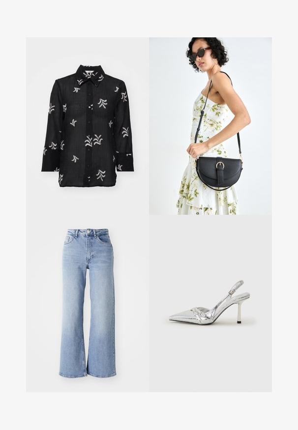 Zwart overhemddonker gemaakt van lichtgewicht stof, met witte geborduurde bloemdetails en een klassieke kraag. Lange mouwen met manchetafwerking.; Lichtblauwe hoge taille wijde pijpen jeans met voor- en achterzakken, knoopsluiting en subtiele vervagingen op de dijen en zomen.; Zilveren slingback hoge hak schoen met een spitse neus, metalen afwerking, twee decoratieve banden en een slanke hak met een zwarte punt.; Zwarte leren handtas met een gebogen vorm, afneembare schouderband en gouden hardware. De tas heeft een klep met een gespsluiting.