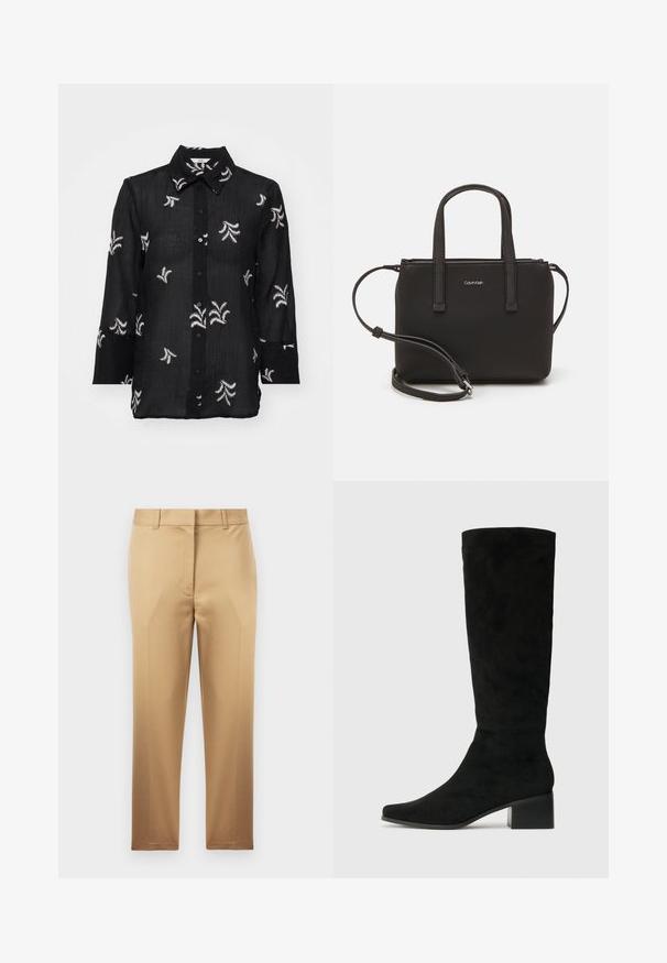 Juodas mygtukų užsegimas marškinis, pagamintas iš lengvos medžiagos, su baltais išsiuvinėtais gėlių raštais ir klasikiniu apykakle. Ilgos rankovės su rankogalių detalėmis.; Smėliniai kelnių su tiesiu džinsų dizainu, pagaminti iš lygios medžiagos. Japoniai su užtrauktuku ir diržo kilpomis, be matomų raštų ar akcentų.; Kelnaičių aukščio juodi zomšiniai batai su smailiu nosiu ir masyviu kvadratiniu kulnu, pasižymintys lygiu paviršiumi ir minimalistiniu dizainu.; Juoda rankinė su dviem trumpais rankenėlėmis ir nuimamu petį. Lygaus odos tipo medžiaga su užtrauktuku ir logotipo detale.