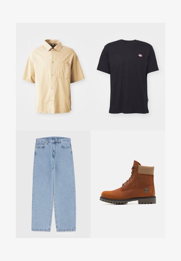 Beige īsām piedurknēm krekls ar norādīto apkakli, priekšējo pogu aizdari, vienu krūšu kabatu un mazu izšūtu logo uz kabatas.; Melnas kokvilnas T-krekls ar īsām piedurknēm, apaļu kakla izgriezumu un mazu krāsainu logo uz kreisā krūšu. Iezīmē taisnu apakšmalu.; Gai zila džinsu bikses ar taisnu kāju dizainu, kas piedāvā vidēju vidukļa augstumu, piecas kabatas un pogas un rāvējslēdzēja aizdari.; Timberland Šņorējami puszābaki - medium orange