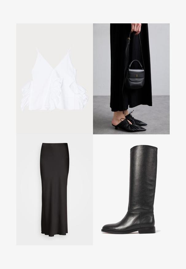 Haut sans manches blanc avec un décolleté en V profond et des accents froncés de chaque côté, fabriqué dans un tissu lisse avec une finition soignée.; Jupe en satin noire, longue jusqu'au sol, avec une texture lisse, une taille ajustée et une silhouette en A, sans ornements ni motifs visibles.; Botte en cuir noir à hauteur de genou avec une finition texturée, bout rond, tige lisse et un petit talon empilé. Design minimaliste, sans quincaillerie visible.; Petite sac à main en cuir noir de forme arrondie, avec une poignée supérieure et une bandoulière amovible. Porté avec une robe en tissu noir et des chaussures plissées noires.