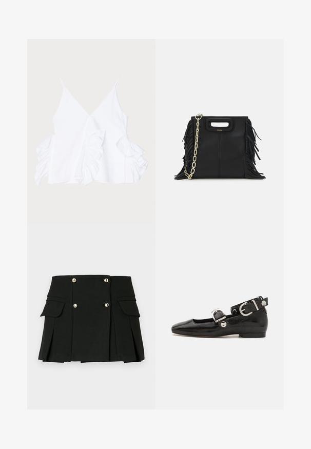 Top blanco sin mangas con un escote en V profundo y acentos de volantes a ambos lados, confeccionado en una tela suave con un acabado limpio.; Minifalda negra plisada hecha de tejido texturizado, con dos bolsillos frontales y detalles en botones dorados.; Zapato plano de charol negro con punta cuadrada, correa de tobillo con herrajes de plata y suela plana. Textura suave con diseño minimalista.; Bolso de mano de cuero negro con detalles de flecos, correa de cadena dorada para el hombro y un asa con corte. Presenta una colocación del logotipo en la parte frontal.
