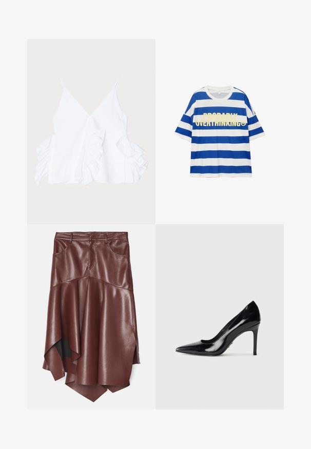 Hvid ærmeløs top med en dyb V-halsudskæring og flæseaccenter på begge sider, lavet af glat stof med en ren finish.; T-shirt i bomuld med blå og hvide vandret striber. Har fed gul tekst "PROBABLY OVERTHINKING" og et smiley-grafik. Korte ærmer.; Brun faux læder nederdel med en flared, asymmetrisk kant, der har to forlommer og en glat, blank overflade.; Sort patenteret læder højhælet pumpe med spids tå og slank stilettohæle på hvid baggrund.