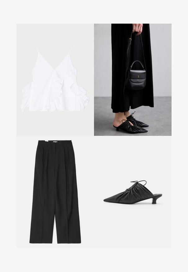 Weißes ärmelloses Oberteil mit tiefem V-Ausschnitt und Rüschendetails an beiden Seiten, aus glattem Stoff mit sauberen Kanten.; Bally Stoffhose - black; Schwarze Leder-Mules zum Hineinschlüpfen mit spitzer Zehe, geraffter Textur und kleinem Kitten-Heel. Verfügt über ein Zugbanddetail am Öffnung.; Kleine schwarze Ledertasche mit runder Form, Obergriff und abnehmbarem Riemen. Getragen zu einem schwarzen Stoffkleid und schwarzen plissierten Schuhen.; Goldfarbene Creolen mit zwei verflochtenen kreisförmigen Formen, glatte Oberfläche und einem Steckverschluss für sicheren Sitz.