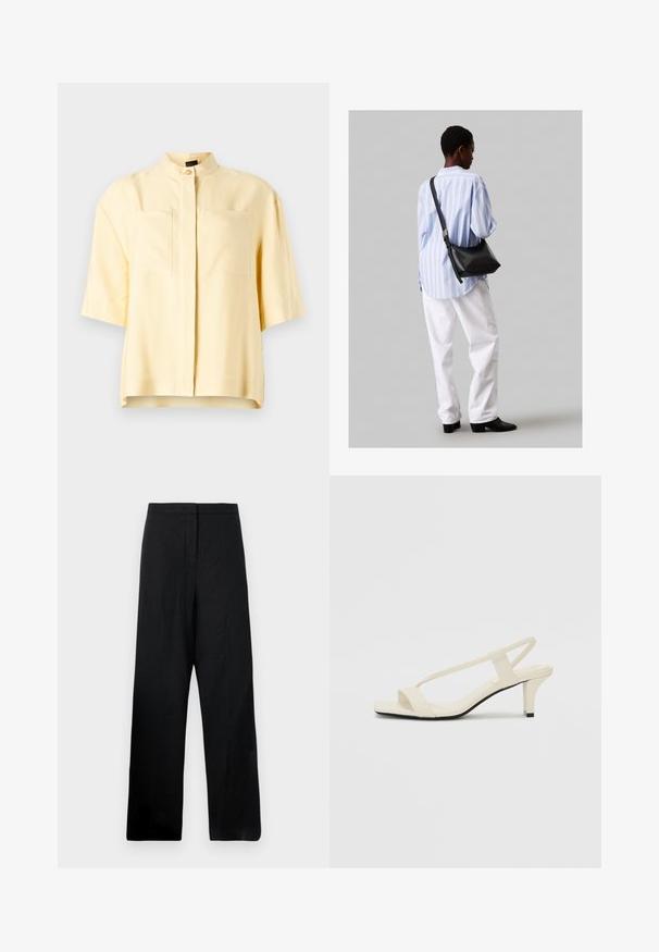 Kortermet gul bluse med mandarin-krage, som har to frontlommer og en glatt tekstur. Rent, minimalistisk design.; Svarte vide bukser laget av et lett stoff. Har en jevn tekstur, høy livhøyde og minimale sømdetaljer.; Beige blokk-høydesandaler med tynne stropper og firkantet tå. Glatt materiale med minimale detaljer, designet for enkel bruk.; Svart lær skulderveske med en myk tekstur, trekantet form og justerbar stropp, kombinert med en lyseblå stripete skjorte og hvite bukser.