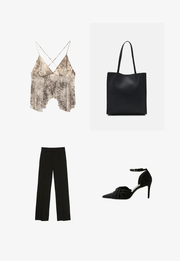Vloeiende mouwloze top met een beige en bruine abstracte print, diepe V-hals en dunne gekruiste bandjes op de rug.; Zwarte wijde pantalon gemaakt van een soepele stof, met een aansluitende tailleband en subtiele plooien aan de voorkant voor extra textuur.; Zwarte suède hoge hak met een spitse neus, geknoopte detail aan de voorkant, enkelbandje en een dunne stilettohak.; Zwarte leren handtas met een gladde textuur, rechthoekige vorm en twee lange handvaten. Geen zichtbare hardware of versieringen.