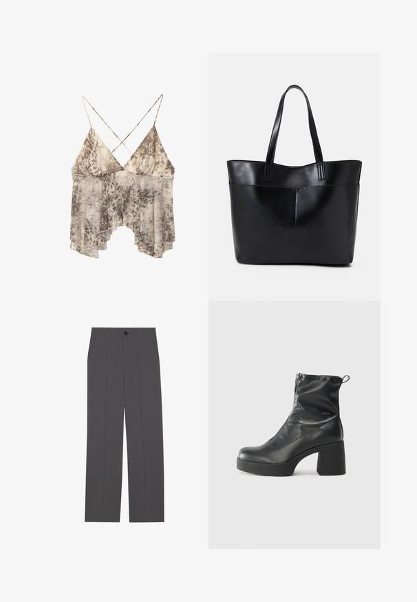 Leichtes ärmelloses Oberteil mit beige-braunem abstraktem Muster, tiefem V-Ausschnitt und dünnen gekreuzten Trägern im Rücken.; Graue Hose im geraden Schnitt, mit zwei seitlichen Taschen und einem Knopfverschluss. Glattes Material ohne sichtbare Muster oder Akzente.; Schwarze Stiefeletten aus glattem Leder mit seitlichem Reißverschluss, klobigem strukturiertem Absatz und runder Zehenform.; Schwarze Leder-Shopper-Tasche mit zwei langen Griffen, einer glatten Textur und einer strukturierten Form. Verfügt über eine Vordertasche für zusätzlichen Stauraum.