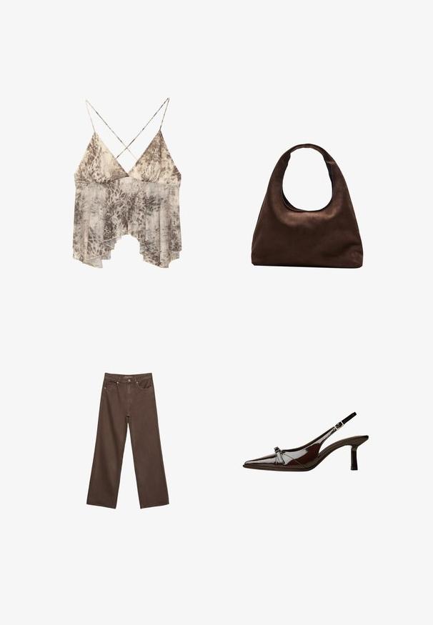 Lepršava bezrukavna majica s bež i smeškim apstraktnim printom, dubokim V izrezom i tankim prekrštenim trakama na leđima.; Proširene smeđe traperice od denima, s visokim strukom, prednjim džepovima i klasičnom kopčom na dugme. Glatka tekstura s suptilnim šavovima.; Smeđe lakirane slingback cipele s upPointom, niskom petom i dekorativnom mašnom sprijeda. Glatka, sjajna tekstura.; Meka mekana smeđa torba hobo stila s jednim širokim remenom i zakrivljenim otvaranjem na vrhu, prikazana na bijeloj pozadini.