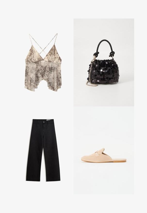 Flödande ärmlös topp med beige och brun abstrakt mönster, djup V-ringning och tunna korsade band på baksidan.; Svarta vida denimbyxor med hög midja, med fram- och bakfickor, sydda sömmar och knappstängning. Slät textur.; Beige mockasiner i mocka med stängd tå, som har en dekorativ spänndetalj och en platt korksula. Slät textur med minimalistisk design.; Svart paljett mini-handväska med en knuten texturerad rem och silverkedja. Rund form med samlad topp och reflekterande detaljer.