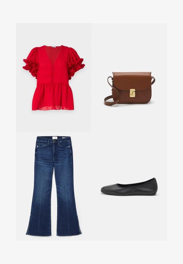 Červená textúrovaná blúzka s hlbokým V-výstrihom, gombíkovou detailnou aplikáciou na prednej strane a volánikmi na kratších rukávoch. Skladaný spodný lem.; Tmavomodré rozšírené džínsy vyrobené z denimu. Majú vysoký pás, predné vrecká a rozparky na spodnom okraji. Klasický dizajn s piatimi vreckami.; Čierne kožené baleríny s okrúhlou špičkou, hladkým povrchom, minimálnym prešívaním a flexibilným dizajnom podrážky.; Hnedá kožená kabelka s klopou, zlatými kovovými prvkami, ramenným popruhom a hladkým povrchom. Kompaktný obdĺžnikový tvar.