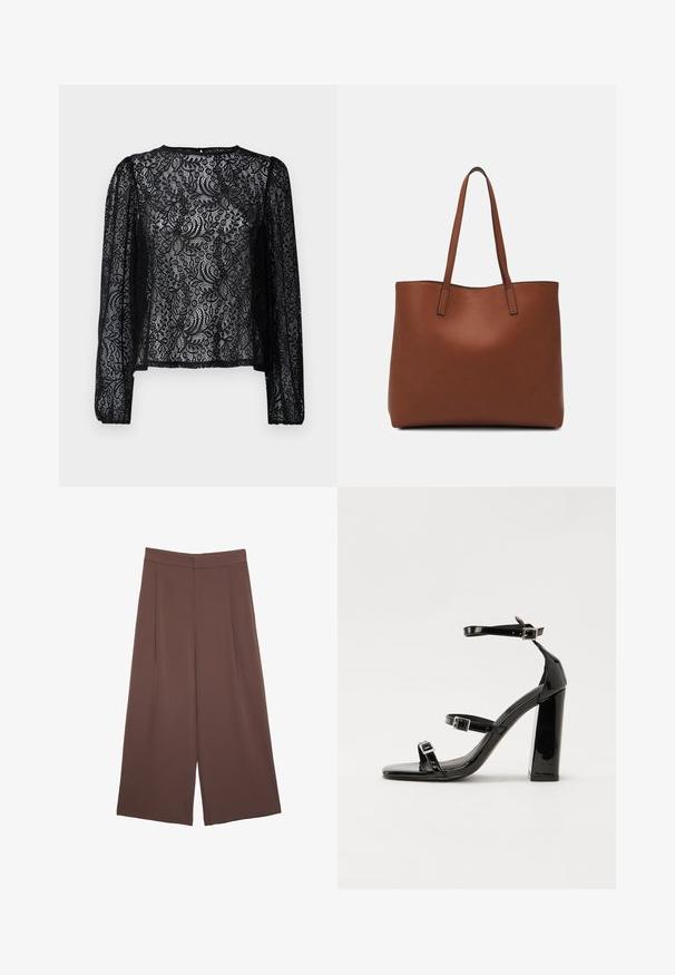 Blusa nera in pizzo a maniche lunghe con motivo floreale, scollo rotondo e vestibilità leggermente ampia con polsini elasticizzati.; Pantaloni ampi marroni con una texture liscia, caratterizzati da una vita alta e pieghe frontali. Il tessuto è leggero e scorre liberamente.; Sandali con tacco in vernice nera, con punta squadrata, cinturini alla caviglia e fibbie in argento. Presentano un tacco a blocco spesso per maggiore stabilità.; Borsa tote in pelle marrone con texture liscia, design con apertura superiore e due spallacci. Presenta cuciture minime e nessun hardware visibile.