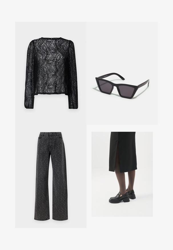 Melnas mežģīņu blūzes ar garām piedurknēm, kurai ir ziedu raksts, apaļš izgriezums un nedaudz brīvs piegriezums ar elastīgām aprocēm.; Noisy May NMJANNEL LOOSE - Brīva piegriezuma džinsi - black denim; Melni ādas apavi ar noapaļotu purngalu, biezām bloku papēžiem un elastīgiem sānu akcentiem, apvienoti ar tumšām zeķubiksēm un melnu svārku ar šķirbu.; Melni, stūrveida saulesbrilles ar pelēkiem objektīviem; izgatavotas no plastmasas, ar biezām kājām, kam ir gluda virsma un nav redzamu stiprinājumu.