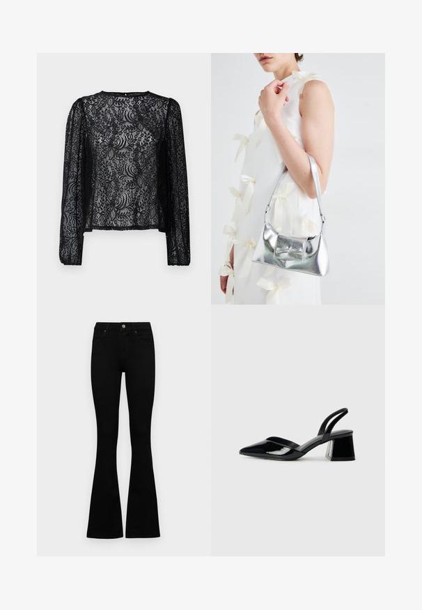 Blusa de renda preta de mangas longas com um padrão floral, decote redondo e ajuste ligeiramente solto com punhos elásticos.; Jeans pretos de cintura alta com fecho de botão e zíper, bolsos frontais e pernas largas dispostos em cima de um fundo branco.; Sandy em verniz preto com salto slingback, ponta afilada e salto geométrico. Apresenta um design elegante e minimalista com textura suave.; Bolsa metálica prateada com uma forma estruturada, apresentando uma alça superior e um detalhe de laço na frente. Textura suave, acabamento reflexivo.