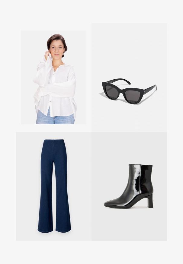 Weißes, strukturiertes Hemd mit langen Ärmeln und leicht übergroßer Passform; getragen mit blauen Jeans. Einfaches, Kragen-Design und neutrale Farbe.; Dunkelblaue, aus Denim gefertigte Schlagjeans mit elastischem Bund. Sie zeichnen sich durch eine glatte Textur und ein weites Beindesign bis zum Saum aus.; Schwarzer Lackleder-Stiefelette mit spitzer Zehe und einem mittelhohen Blockabsatz. Glatte Textur und minimalistisches Design.; Schwarze Cat-Eye-Sonnenbrille mit matter Oberfläche, grauen getönten Gläsern, scharfen Kanten und schlanken Bügeln. Der Markenname ist auf dem inneren Bügel sichtbar.; Schwarze Lederhandtasche mit geschwungener Form, abnehmbarem Tragegurt und goldenen Beschlägen. Die Tasche verfügt über einen Deckel mit einer Schnallen-Details.