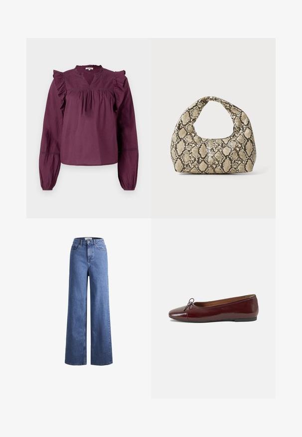 Langsleeve, pruimkleurig top met ruches langs de schouders en een V-halslijn, met elatische boorden voor een relaxte pasvorm.; Lichtblauwe denim wijde jeans met een hoge taille, twee voorzakken en zichtbare stiksels. Voorzien van een knoop- en ritssluiting.; Bordeaux gepatenteerd lederen ballerina met een ronde neus, een klein strikaccent aan de voorkant en een lage, zwarte rubberen zool. Glad textuur.; Slangpatroon handtas met een gebogen handvat. Gemaakt van gestructureerde, beige en bruine materialen, met een kenmerkend ruitpatroon.