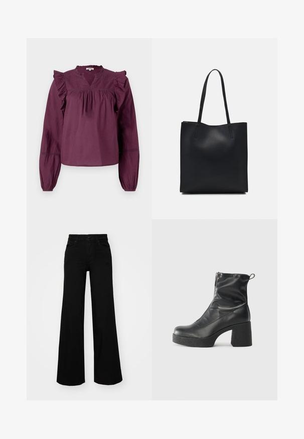 Langermet, plommefarget topp med volangdetaljer langs skuldrene og V-hals, med elastiske mansjetter for en avslappet passform.; Svart vide bukser laget av denim, med en strukturert midjebånd, beltestropper og frontlommer. Glatt tekstur med et klassisk design.; Svarte ankelstøvler laget av glatt lær, med glidelås på siden, chunky strukturert hæl, og rund tå-design.; Svart lær tote bag med glatt tekstur, rektangulær form og to lange håndtak. Ingen synlige deler eller dekorasjoner.