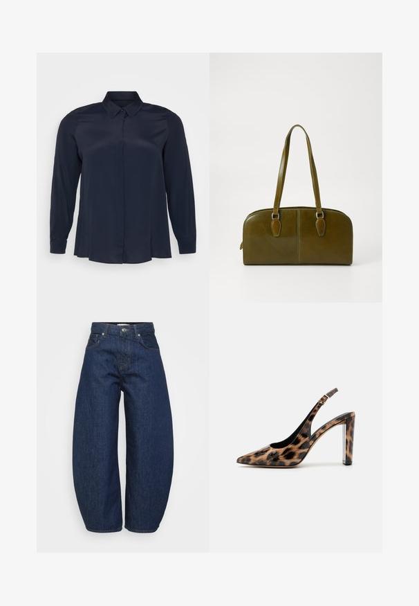 Navy blue long-sleeve blouse made of smooth fabric, featuring a pointed collar and front button closure with a relaxed fit.; Dark blue denim jeans with a wide, relaxed fit. Features a zip fly, four pockets, and contrasting stitching along seams.; Leopard print slingback pump with a pointed toe and transparent block heel. Made of glossy material with a smooth texture.; Olive green leather handbag with a rounded shape, dual handles, and seamless front. Features a smooth texture and subtle stitching details.; Silver hoop earring with a polished finish, featuring small gold accent details and a round shape, worn on the lobe.