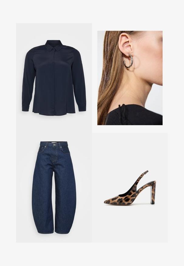 Navy blue long-sleeve blouse made of smooth fabric, featuring a pointed collar and front button closure with a relaxed fit.; Dark blue denim jeans with a wide, relaxed fit. Features a zip fly, four pockets, and contrasting stitching along seams.; Leopard print slingback pump with a pointed toe and transparent block heel. Made of glossy material with a smooth texture.; Silver hoop earring with a polished finish, featuring small gold accent details and a round shape, worn on the lobe.