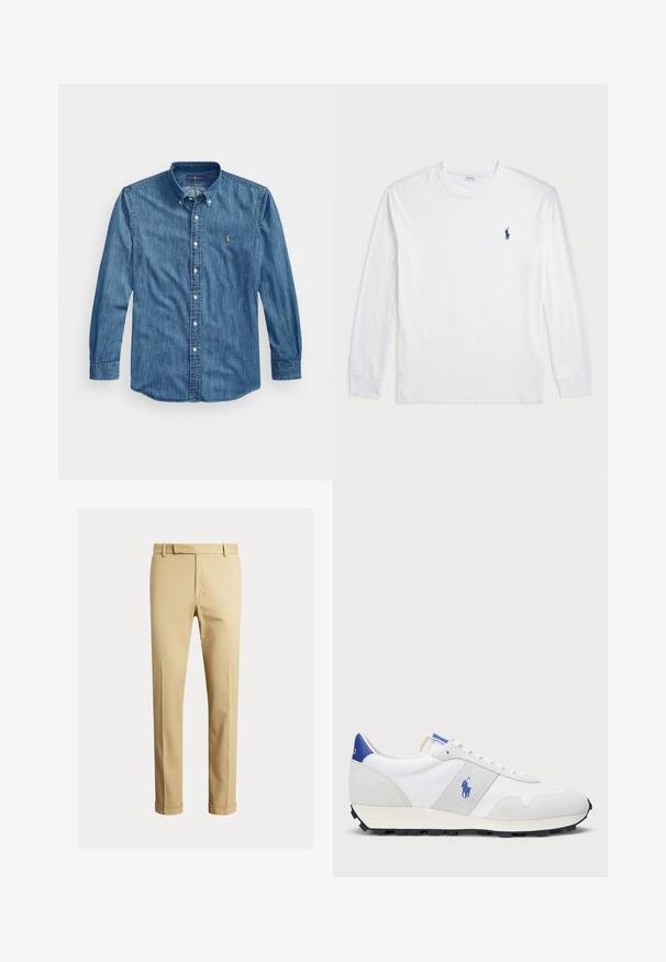Denimbukse skjorte i mellomblå med spiss krage, lange ermer, og en liten brodert logo på brystet. Myk tekstur.; Hvit langermet T-skjorte laget av bomull. Har rund hals, ribbestrikkede mansjetter, og en liten marineblå polo-logo på venstre bryst.; Kaki chinos laget av glatt bomullsstoff, med en tettsittende design, frontplisseringer og mansjetter ved ankelen for en smalere look.; Hvit trening sneaker med grå semsket skinn-accents, mesh-overdel, blå hælflik og svart gummi såle. Har snøring og logo.