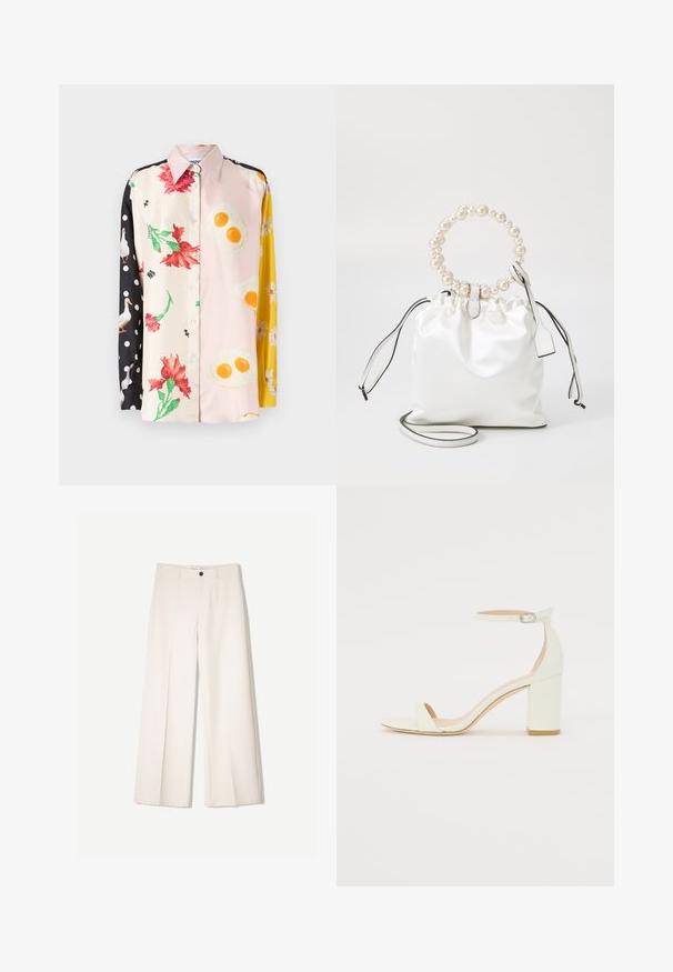 Kleurige overhemd met knopen dat bloemen- en voedselpatronen toont; materialen omvatten zijde. Zwarte stippen op één mouw; gele bloemaccenten.; Crème brede broek met een tailored ontwerp, voorzien van twee voorzakken en een enkele sluiting met een knop aan de voorkant, gemaakt van een gladde stof.; Witte leren sandaal met blokhak, voorzien van een enkelsluitsel met een gesp en een minimalistisch design. Open teen en gladde texturen overal.; Witte satijnen trekzak met een parelversierde ronde handgreep, leren accenten en een afneembare schouderband voor veelzijdigheid.