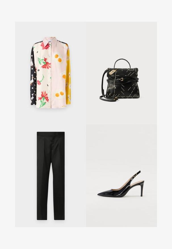 Kleurige overhemd met knopen dat bloemen- en voedselpatronen toont; materialen omvatten zijde. Zwarte stippen op één mouw; gele bloemaccenten.; Zwarte broek van soepele stof, met een nauwsluitend ontwerp, rechte benen en een platte tailleband zonder zichtbare sluitingen of zakken.; Zwarte gepatineerde leren slingback pump met een puntige neus, slanke hak en een subtiel uitgesneden ontwerp. Bevat een gouden gesp op de band.; Zwarte leren handtas met geometrische witte stiksels, een handvat aan de bovenkant en een afneembare schouderband. Heeft gouden accenten en een ritssluiting.