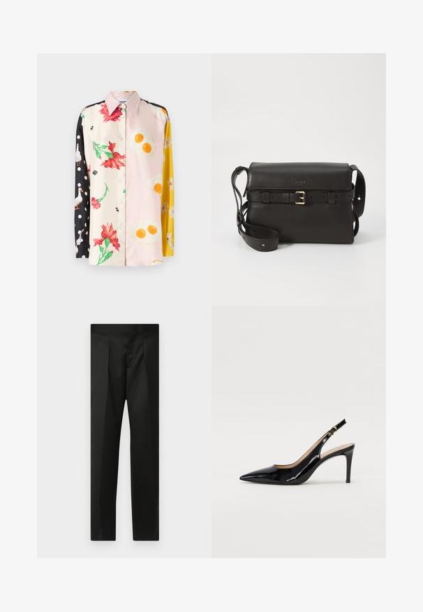 Colorful button-up shirt featuring floral and food patterns; materials include silk. Black polka dots on one sleeve; yellow floral accents.; Black trousers featuring a smooth fabric, tailored design, straight legs, and a flat waistband with no visible closures or pockets.; Black patent leather slingback pump with pointed toe, slim heel, and a subtle cutout design. Features a gold buckle on the strap.; Black leather handbag with a structured shape. Features a gold buckle accent, adjustable strap, and smooth texture. Minimalist design.