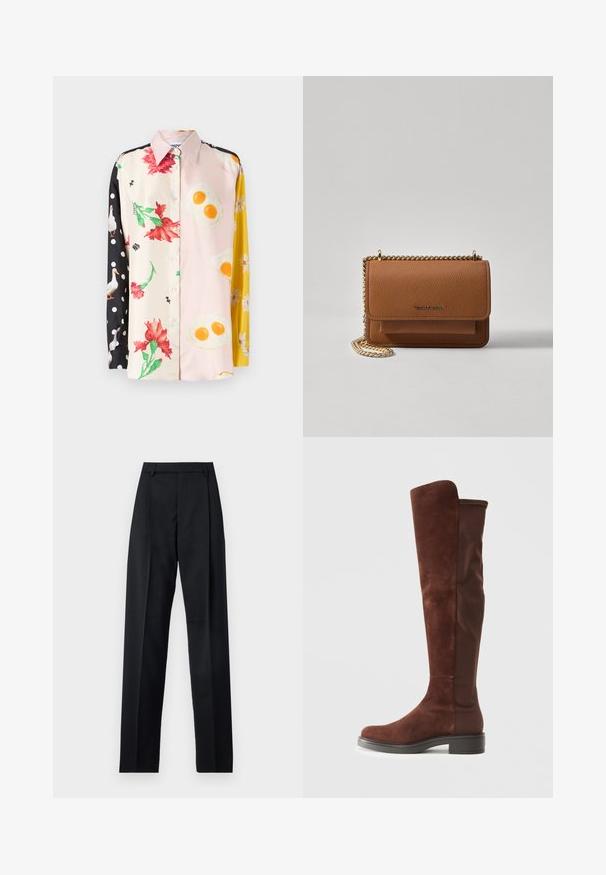 Camicia button-up colorata con motivi floreali e alimentari; i materiali includono seta. Pois neri su una manica; accenti floreali gialli.; Pantaloni neri realizzati in tessuto morbido, caratterizzati da vita alta, gambe larghe, pince frontali e classiche passanti per cintura. Non ci sono tasche laterali visibili.; Stivale alto in suede marrone e tessuto con tacco nero basso e punta arrotondata, mostrato in vista laterale su sfondo bianco puro.; Borsa a tracolla in pelle marrone con texture, dotata di catena dorata e chiusura a pattina. Sul davanti presenta un dettaglio con logo e una tasca sotto la pattina.
