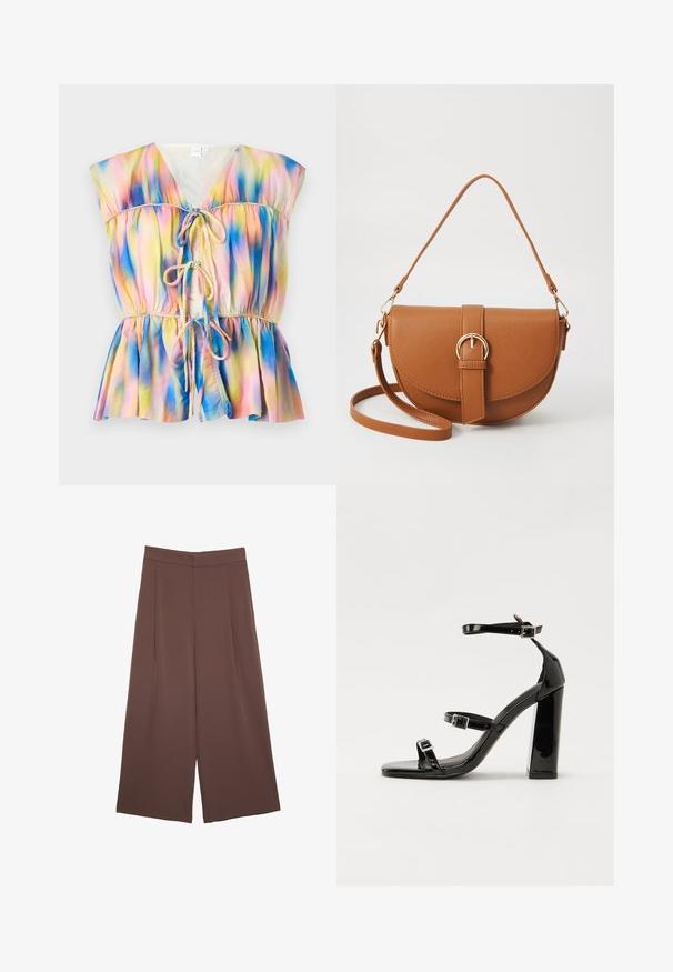 Bunte Bluse im Peplum-Stil mit einer Bindefrontverschluss, kurzen Ärmeln und einem Farbverlaufmuster in Rosa, Blau und Gelb.; Braune Weite-Leg-Hosen mit einer glatten Textur, hoher Taille und Vorderfalten. Der Stoff ist leicht und fällt locker.; Schwarze patentierte Sandalen mit Absatz, quadratischer Spitze, Knöchelriemen und silbernen Schnallen. Mit einem stabilen Blockabsatz für mehr Stabilität.; Braune Leder-Crossbody-Tasche mit geschwungener Form, goldfarbenen Beschlägen und einer Schnallenakzentuierung. Verfügt über einen abnehmbaren Schultergurt.