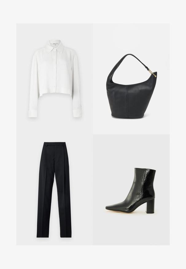 Camicetta bianca cropped con maniche lunghe, chiusura a bottoni sul davanti e colletto classico. Tessuto liscio con polsini strutturati e design minimalista.; Pantaloni neri realizzati in tessuto morbido, caratterizzati da vita alta, gambe larghe, pince frontali e classiche passanti per cintura. Non ci sono tasche laterali visibili.; Stivale alla caviglia nero in pelle lucida con punta affusolata e tacco squadrato e corposo. Presenta una texture liscia e un design minimalista.; Borsa a tracolla in pelle nera con forma arrotondata, una tracolla ampia e una finitura testurizzata. Presenta un dettaglio di cucitura discreto e un dettaglio in metallo dorato.